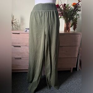 Khaki Green Straight Leg Elastic Stretch Lounge Cotton Casual Pants Trousers M